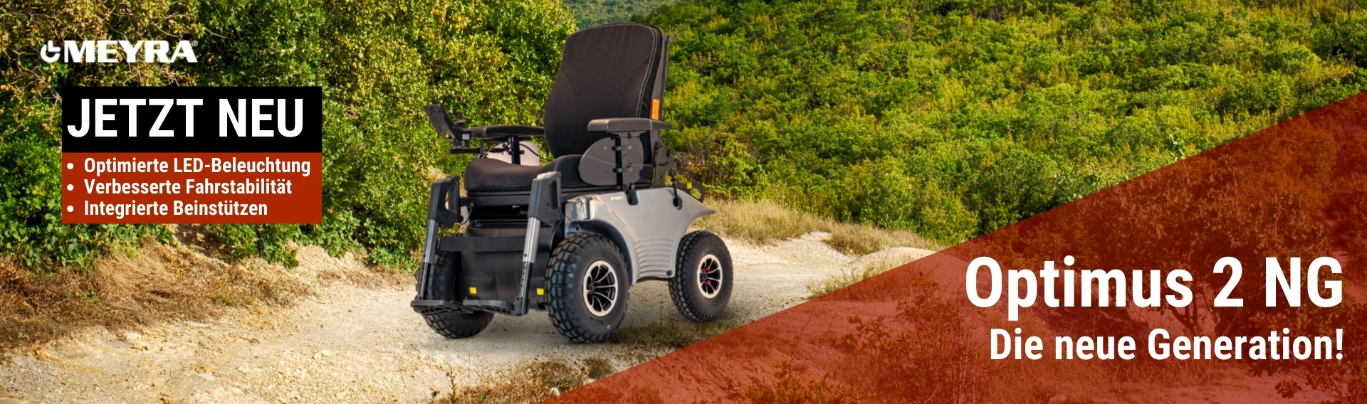 Der Meyra Optimus 2 bietet mit der direkten Lenkung große Sicherheit und Zuverlässigkeit beim Fahren im Außenbereich. Durch Einzelradfederung und hohe Steigfähigkeit ideal für unwegsames Gelände.        