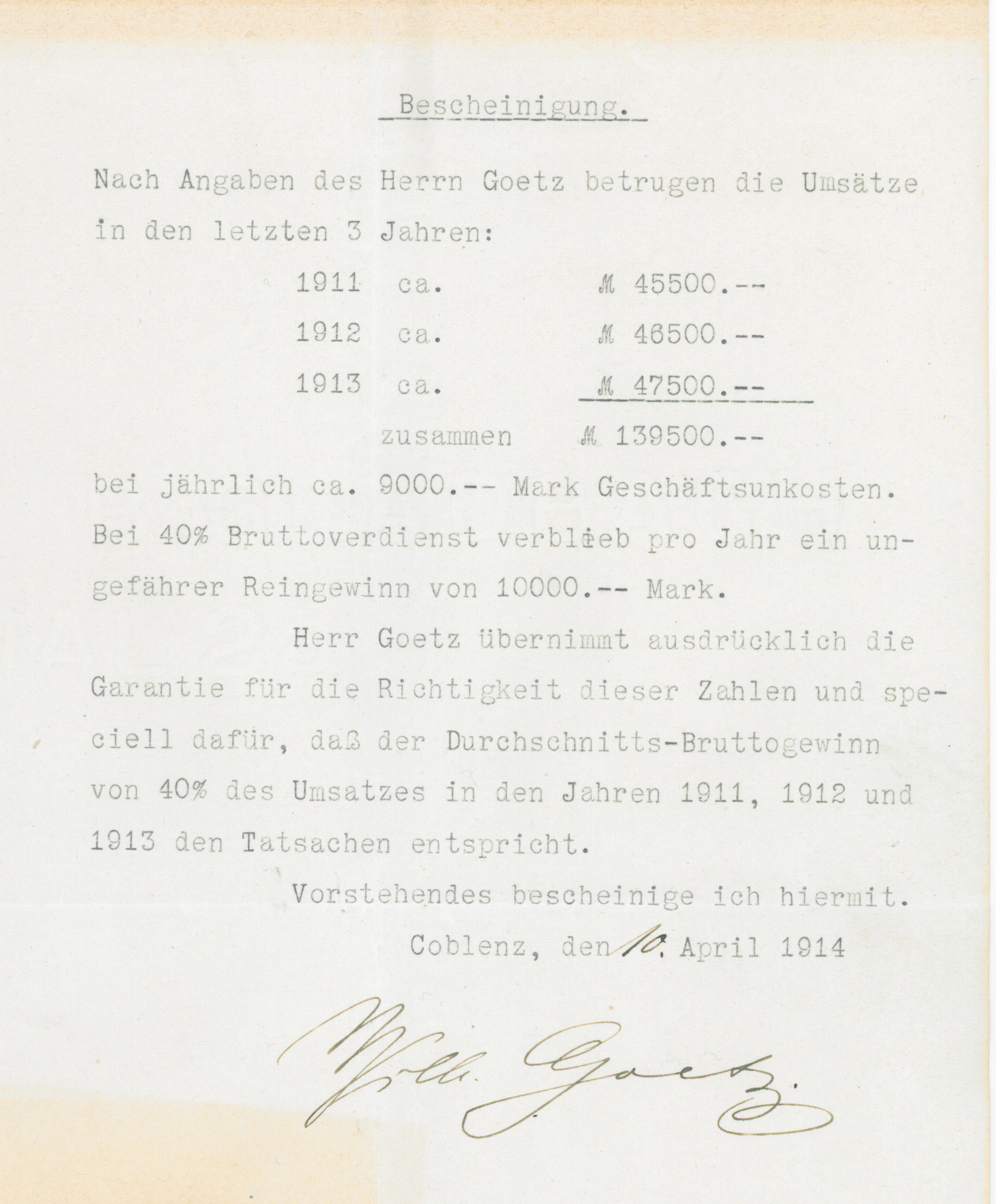Bilanzaufstellung 1911-1913 Herr Goetz