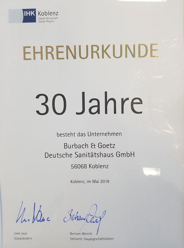 Ehrenurkunde für 30 Jahre Bestehung des Unternehmens
